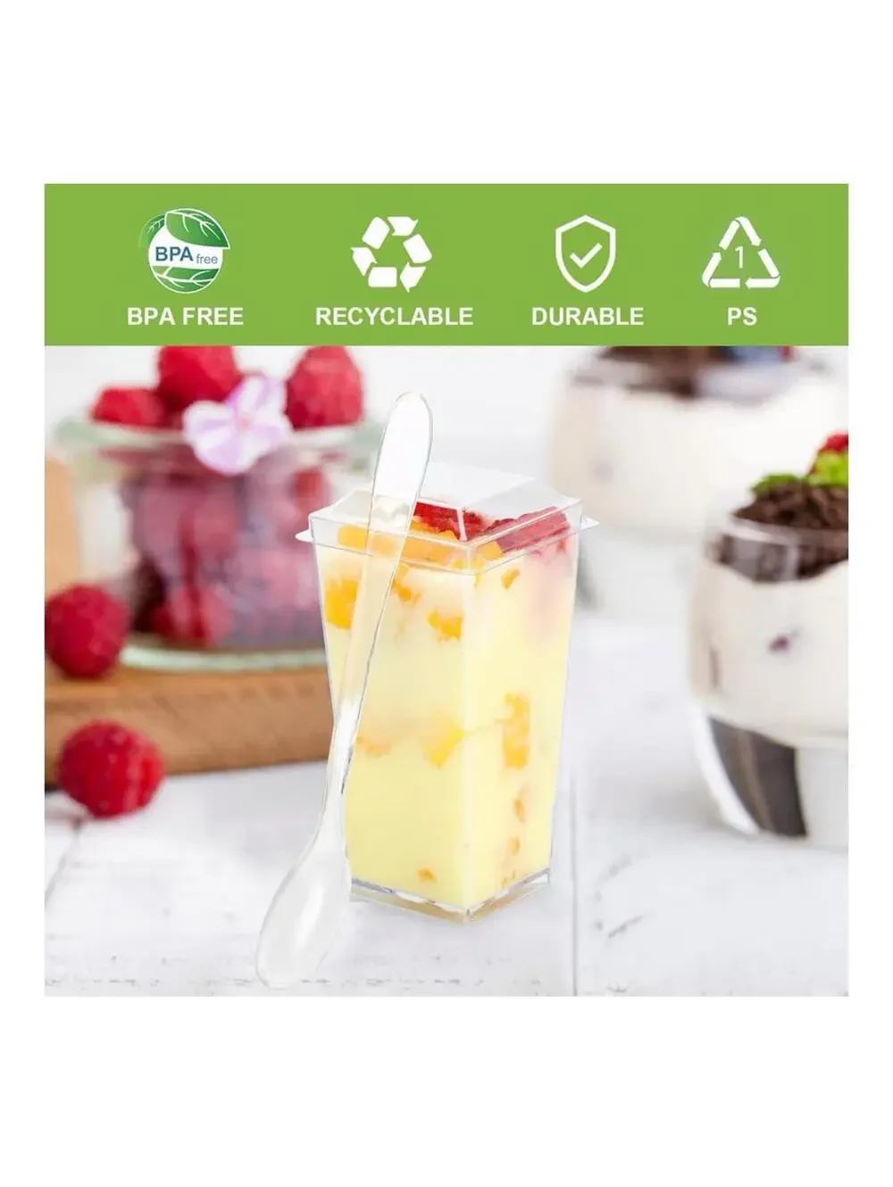 50 Pack 3 oz Square Mini Dessert Cups with Lids and Spoons